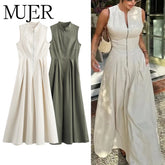 MUJER Zipper Long Dress Woman Pleated Sleeveless Bodycon Dress Summer Elegant Party Dresses For Women 2025 New Midi Dresses