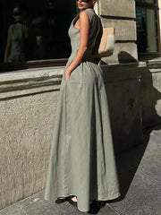 MUJER Zipper Long Dress Woman Pleated Sleeveless Bodycon Dress Summer Elegant Party Dresses For Women 2025 New Midi Dresses