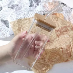 1pc Square Glass Coffee Mug with Lid & Straw Transparent Drinkware for Iced Coffee, Milk, Beer for Kitchen & Dining Coffee Cup