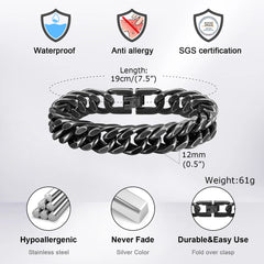 Vnox 8mm/12mm Bold Heavy Stainless Steel Cuban Bracelets for Men Boys,Oxidized Metal Wristband,Punk Rock Chain Bracelet Jewelry